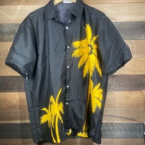 Men's Pirates Black Button Up Short Sleeve Palm Tree Print Shirt XL